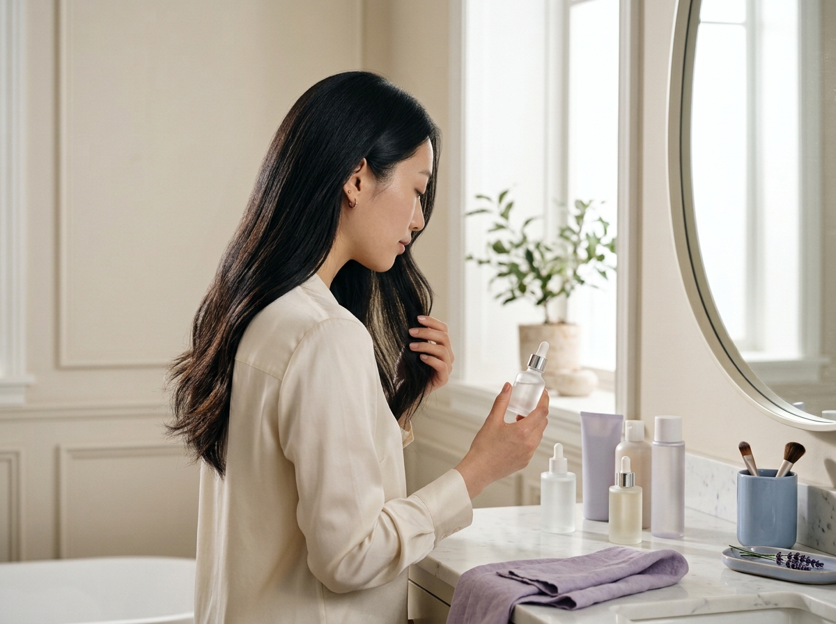Wanita dengan rambut hitam memilih produk hair care sesuai jenis dan kebutuhan rambut